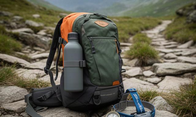 Wanderrucksack mit Trinkflasche, Stirnlampe und Kompass auf einem felsigen Wanderweg im Genfer Umland