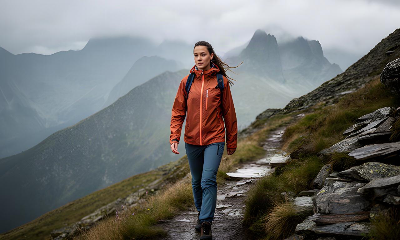 Wanderin in wetterfester Jacke und Stretchhose auf einem alpinen Weg bei wechselhaftem Wetter
