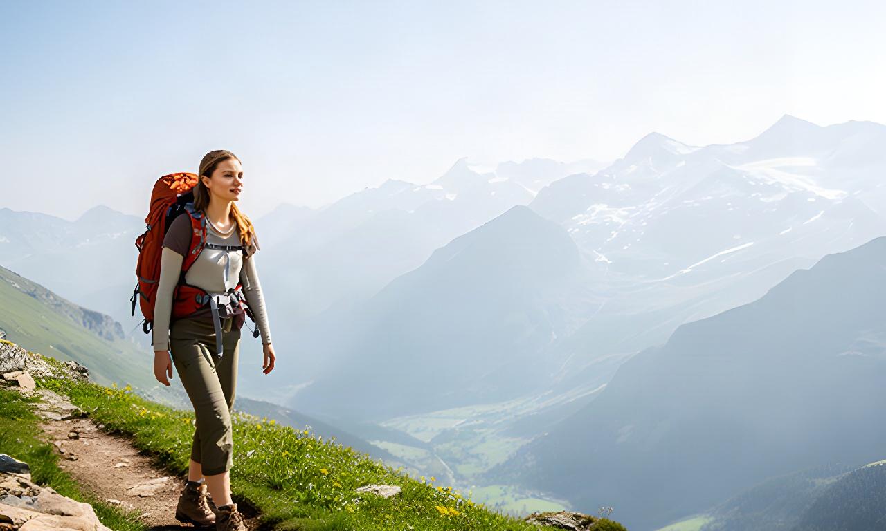Wanderin mit Rucksack auf einem alpinen Höhenweg nahe Genf bei hellem Frühlingslicht