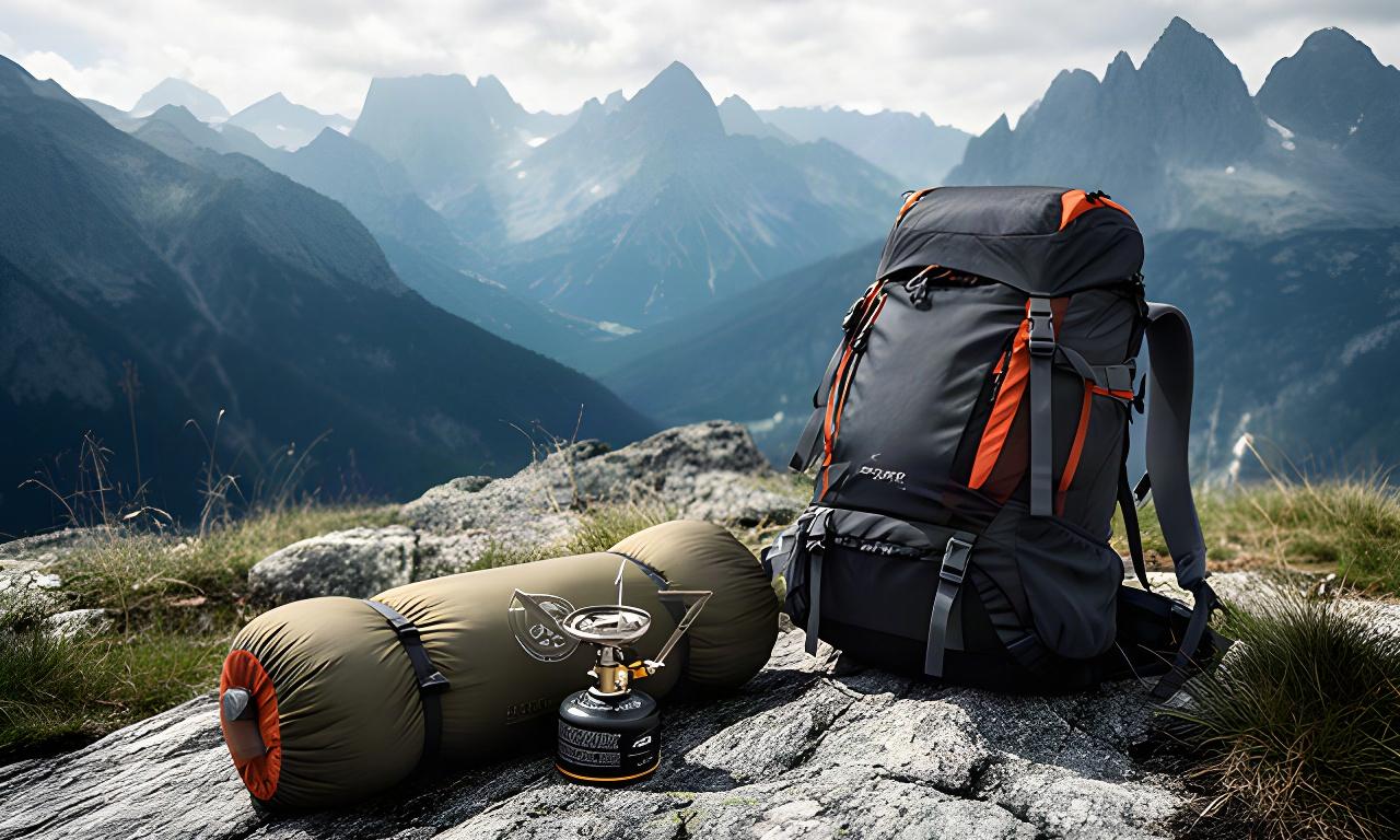Zusammengerolltes Trekkingzelt, Kocher und Rucksack auf felsigem Untergrund vor einer alpinen Landschaft